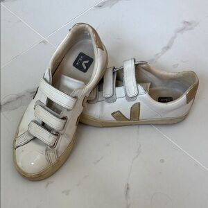 Veja White and Tan Velcro Sneakers